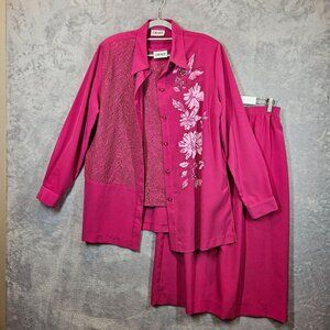 Vtg Graff Blouse Tank Skirt suit Womens XL Floral Lace Pink career Feminine